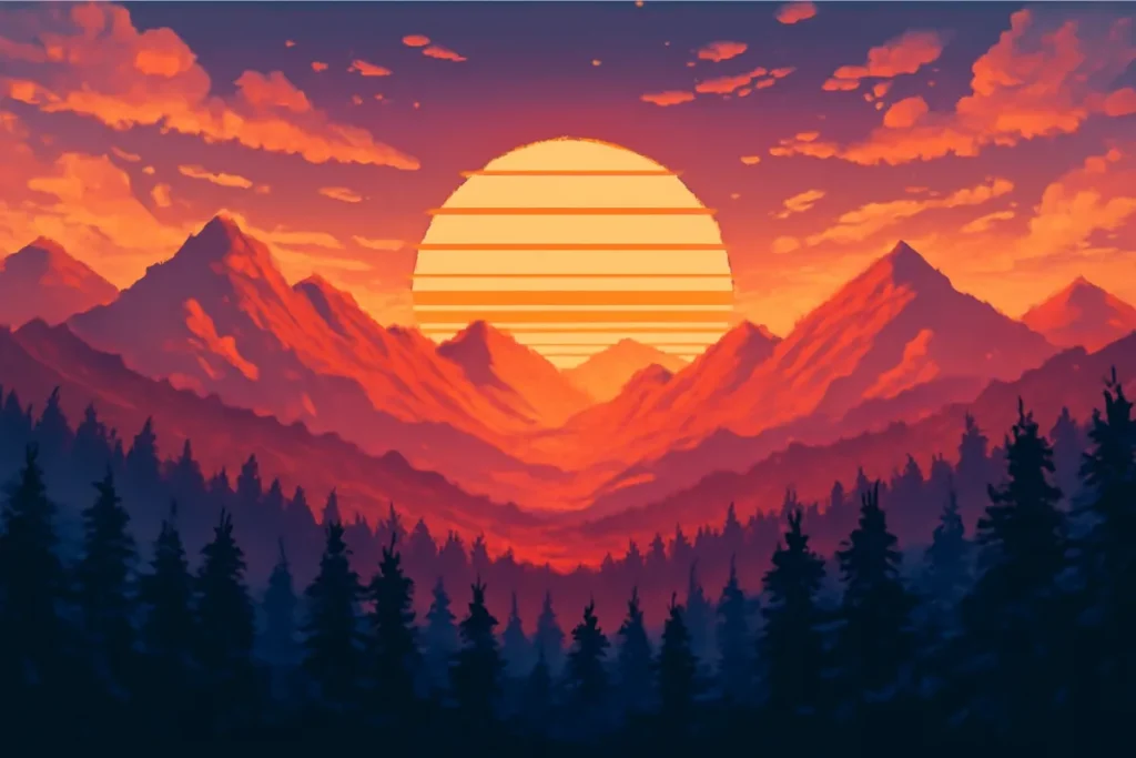 A retro-style pixel art landscape depicting mountains and trees in an 8-bit style.