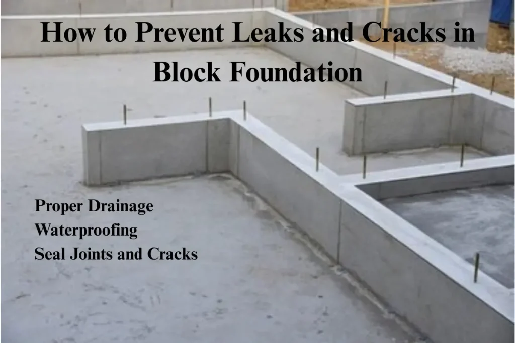 An image showing a block foundation under construction, with a focus on techniques to prevent leaks and cracks. The text includes tips such as proper drainage, waterproofing, and sealing joints and cracks.