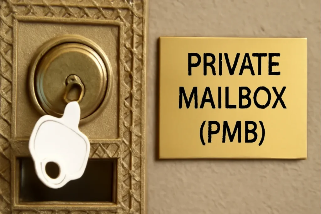 A close-up image of a brass Private Mailbox (PMB) lock with a white key partially inserted, featuring a gold nameplate that reads "PRIVATE MAILBOX (PMB)".