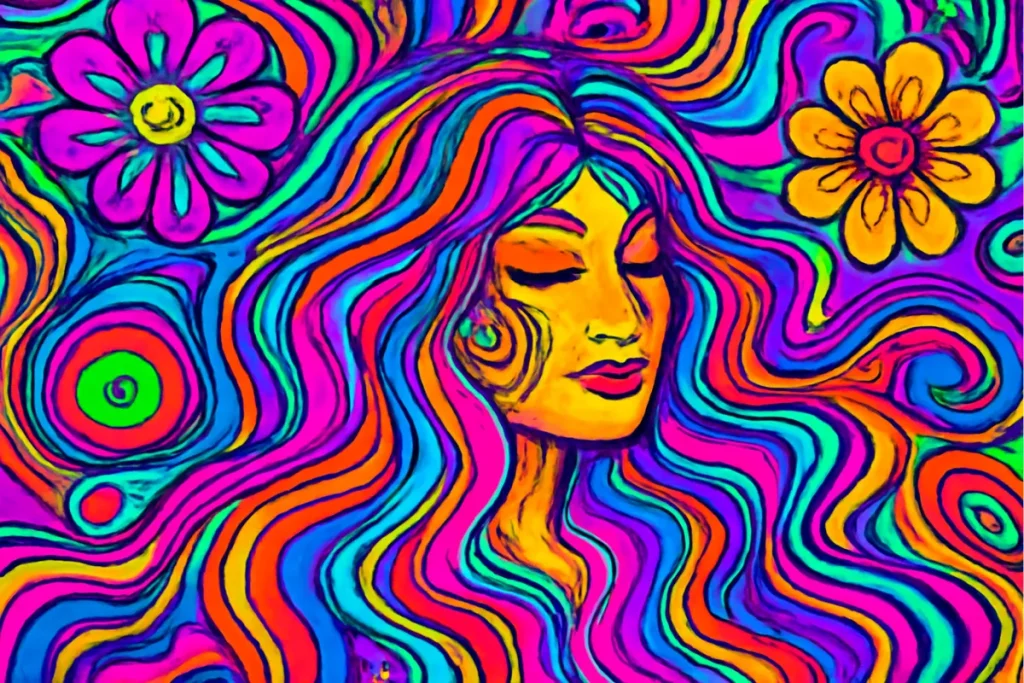 A surreal, colorful digital artwork featuring swirling patterns, vibrant colors, and mind-bending visuals in psychedelic style.