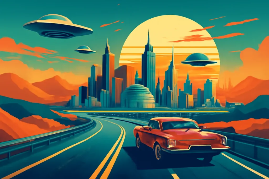 A retro-futuristic digital illustration blending past and future elements, featuring bold colors and 1950s-inspired futuristic technology.