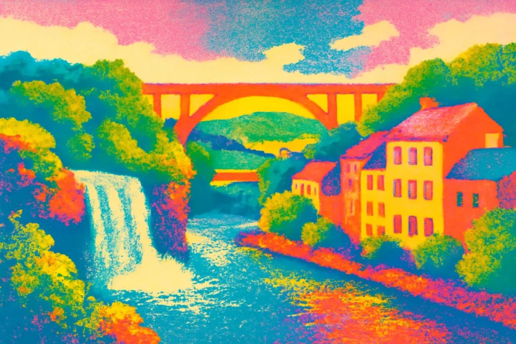 A printmaking-style illustration that mimics the texture and color layering of a risograph, showcasing a scenic landscape.