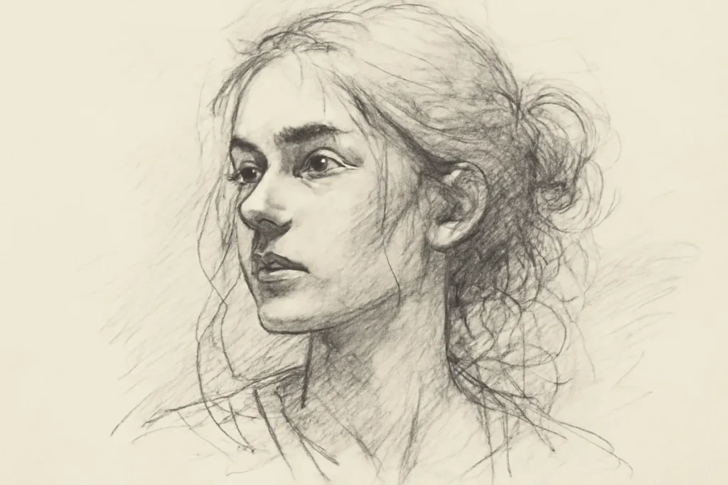 A graphite pencil sketch of a young girl’s portrait, capturing soft, detailed facial features with delicate shading.