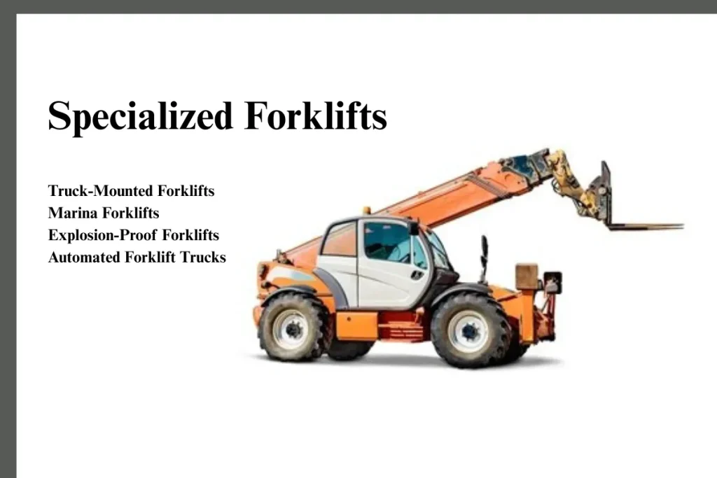 Telehandler forklift used in construction, demonstrating various types of specialized forklifts like truck-mounted and marina forklifts.
