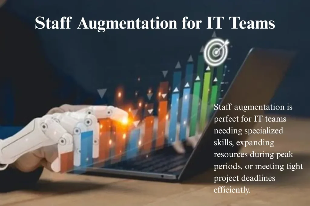 An image of a robotic hand working on a laptop with a colorful graph, showcasing the importance of staff augmentation for IT teams to meet project demands and deadlines.