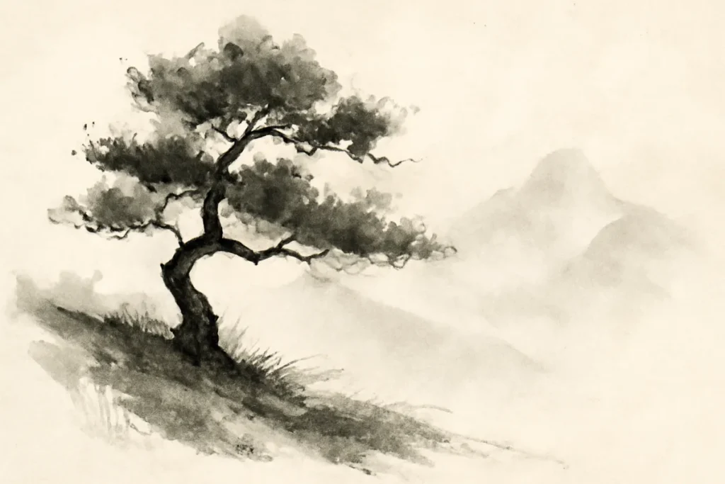 A traditional Japanese ink painting style known as Sumi-e, featuring minimal brushstrokes and a solitary tree in the foreground.