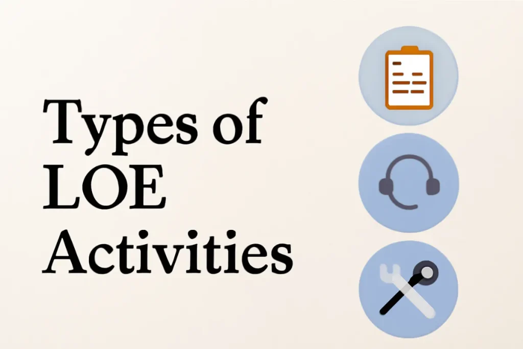 A digital graphic displaying the title 'Types of LOE Activities' with icons representing a clipboard, headset, and wrench, symbolizing various Level of Effort activities.