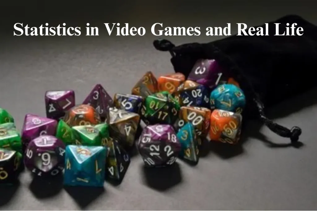 A variety of colorful dice with numbers, representing the use of statistics in both video games and real life.