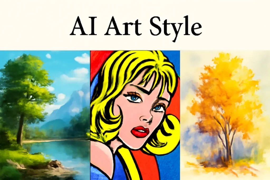 A digital illustration showcasing three distinct AI-generated art styles: Photorealistic Art, Abstract Art, and Cyberpunk Art, arranged creatively in one composition.