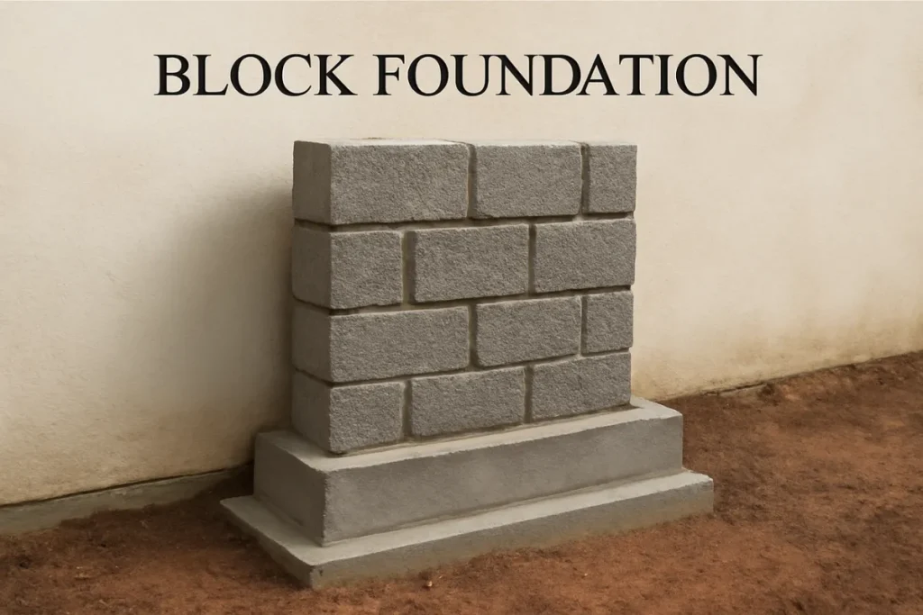 A visual representation of a block foundation, with a stack of cinder blocks or concrete blocks. The image helps explain the concept of block foundations used in construction.