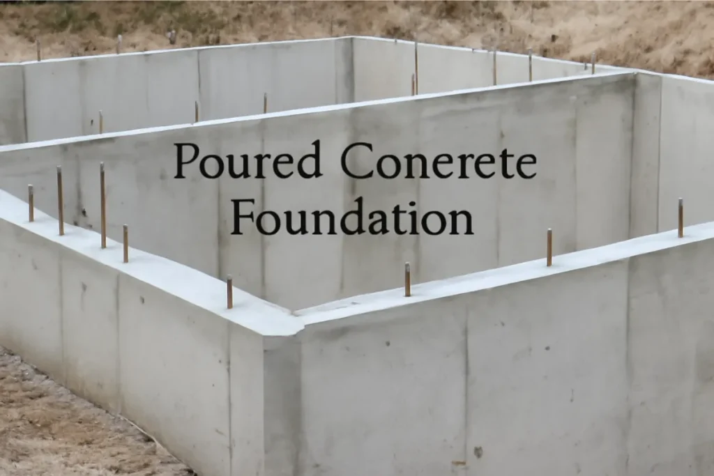 An image showing a poured concrete foundation, with smooth, solid concrete walls. The text explains the concept of poured concrete foundations used for building a strong, seamless base.