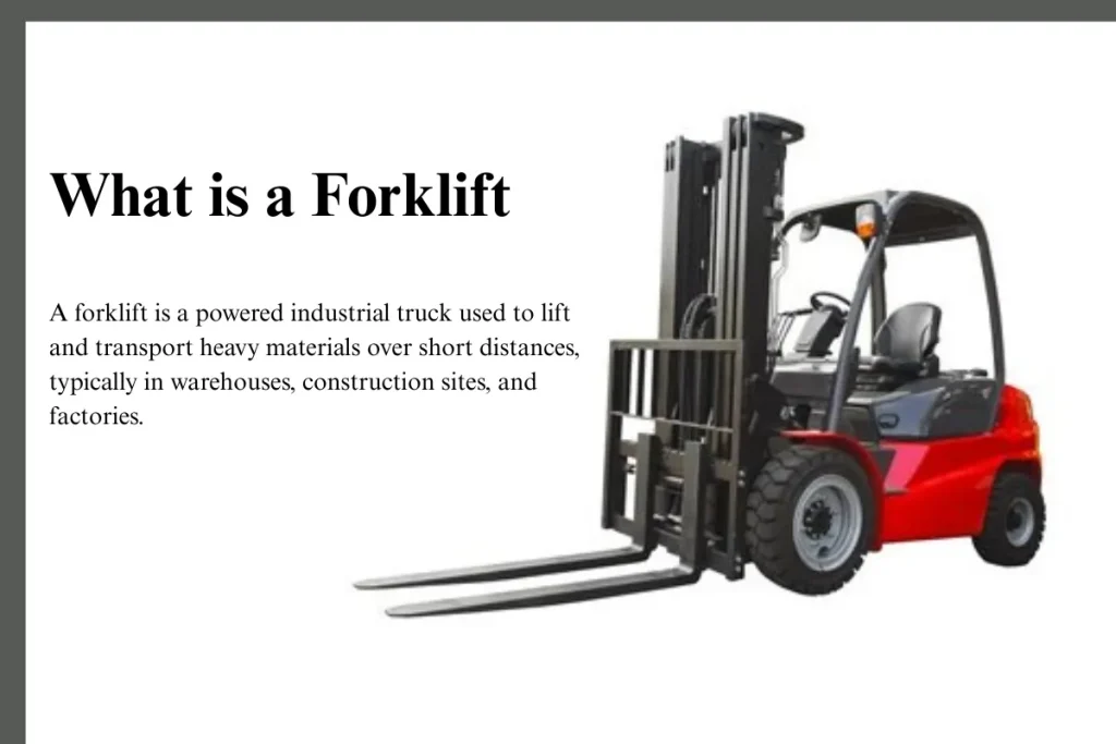Red forklift lifting materials in a warehouse, with a clear text defining what a forklift is and its function in material handling.