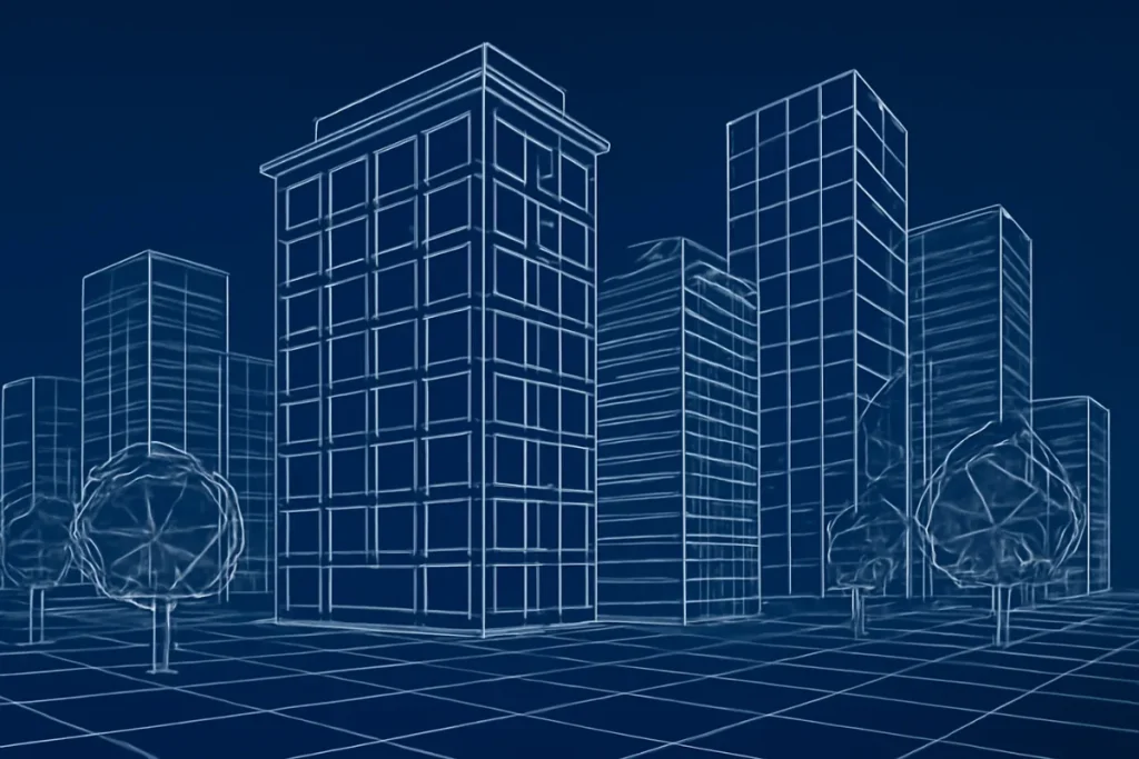 A 3D-rendered digital wireframe art featuring a geometric, abstract structure with precise lines and minimal detail.