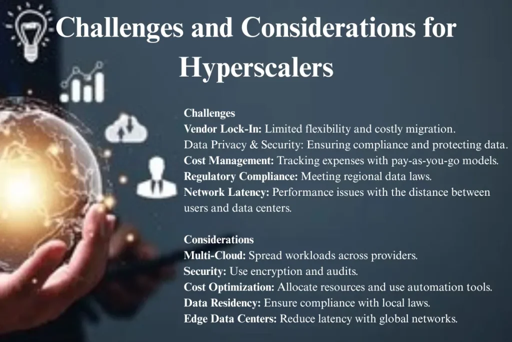 Challenges and considerations for hyperscalers, including vendor lock-in, data privacy and security, cost management, regulatory compliance, and network latency.