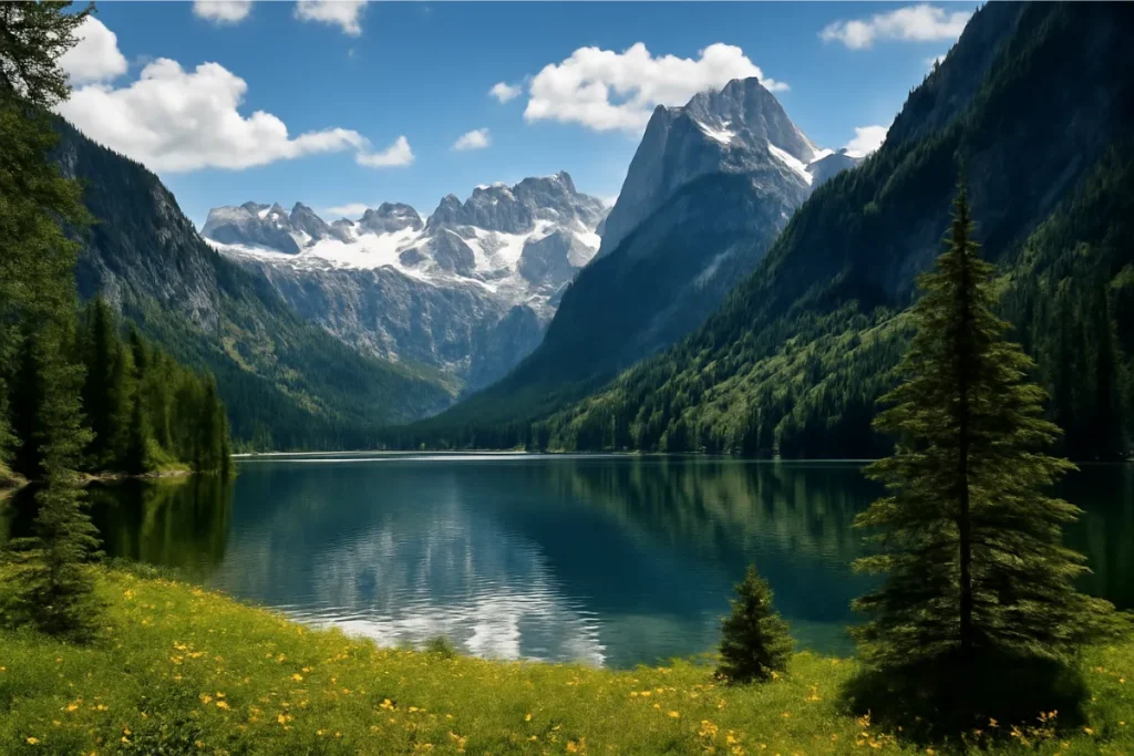 A photorealistic digital landscape featuring vibrant natural scenery with realistic lighting and textures.